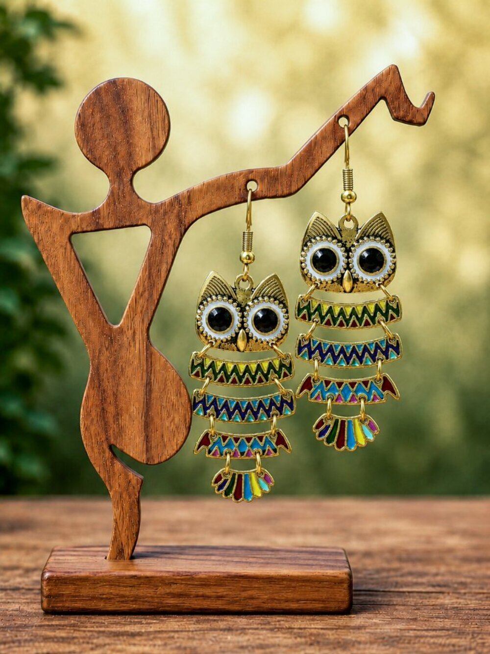 Colorful Enamel Owl Drop Earrings Gold Boho | Boutique - Picture 4 of 5